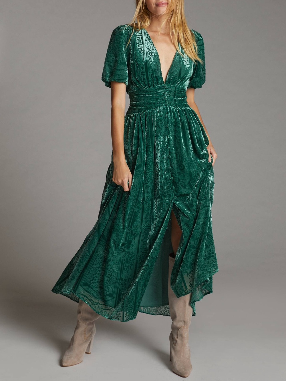 New Anthropologie Size 00P Puff-Sleeved Burnout Velvet Maxi Dress Emerald Green